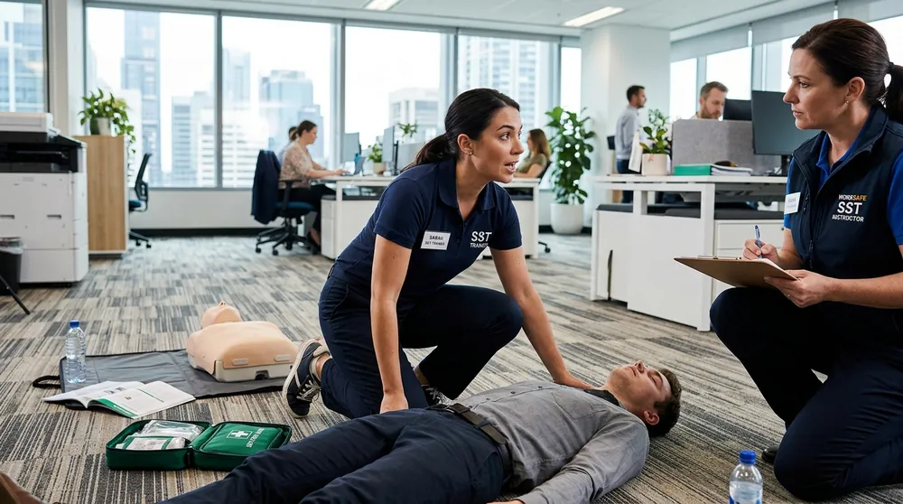 Secouriste du travail portant assistance à une victime d'accident à Saint-Jean-de-Védas Secouriste du travail portant assistance à une victime d'accident à Saint-Jean-de-Védas